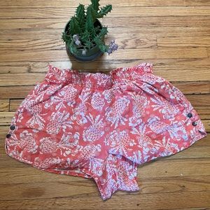 Linen Shorts, Anthropologie, Pink Vintage Tropical Pineapple Print, Lounge Beach